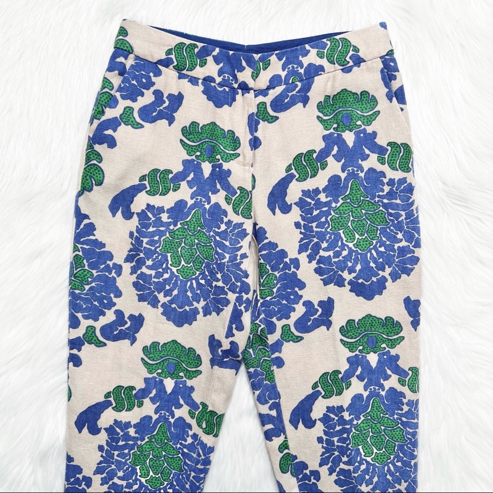 SOLD-Boden Blue & Green Damask Printed Cream Cropped Linen Pants - Picture 4 of 9